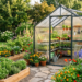 Modern walk-in greenhouse surrounded by raised garden beds filled with vegetables, herbs, and colorful flowers in a landscaped backyard.