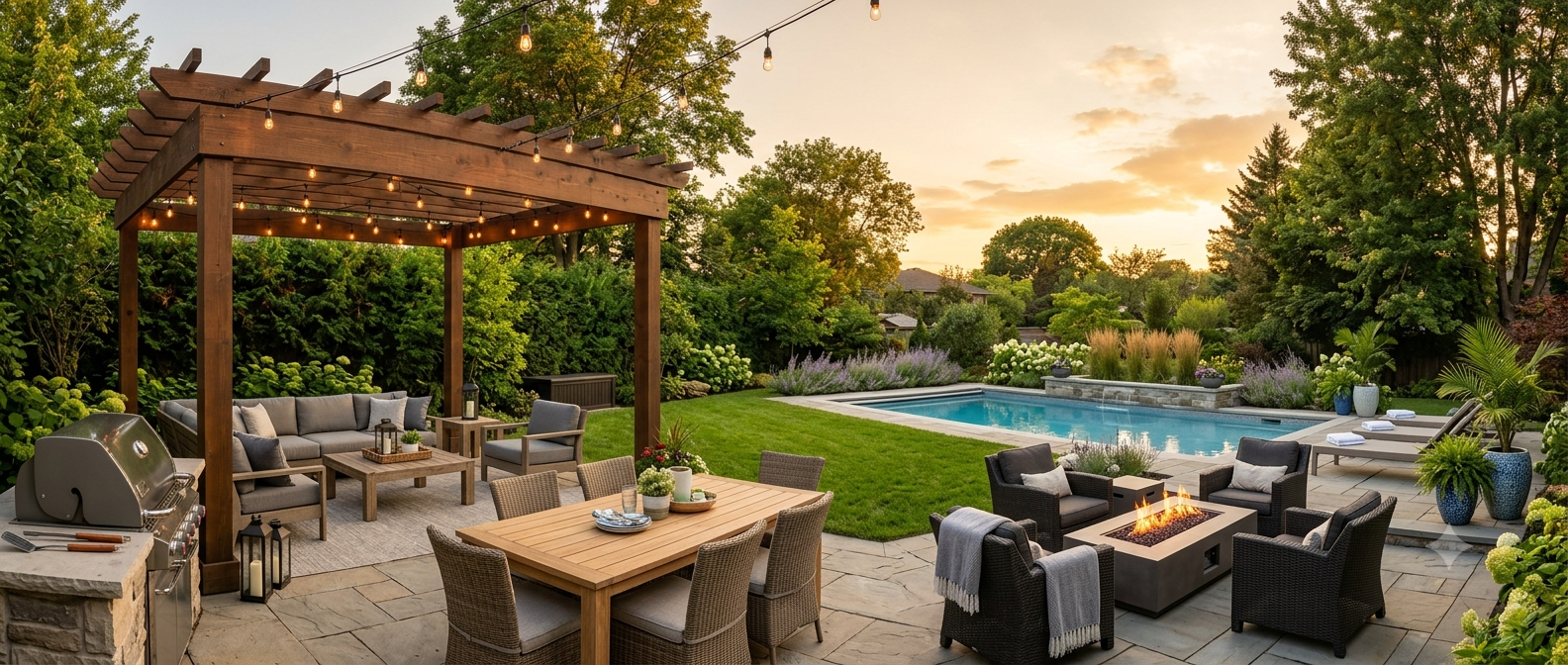 Modern backyard inspiration featuring a wood pergola, outdoor dining area, fire pit seating, built-in grill, swimming pool, and landscaped patio.