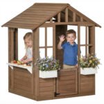 Kids Wooden Playhouse, Outdoor Garden Games Cottage with Flowers Pot Holder, Working Door, Windows, Brown - Image 9