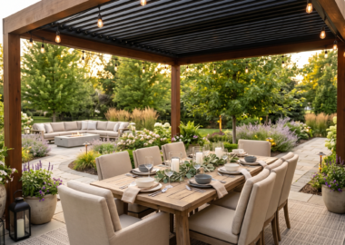 Elegant outdoor dining area beneath a modern pergola featuring a beautifully set dining table, comfortable cushioned chairs, and landscaped backyard.