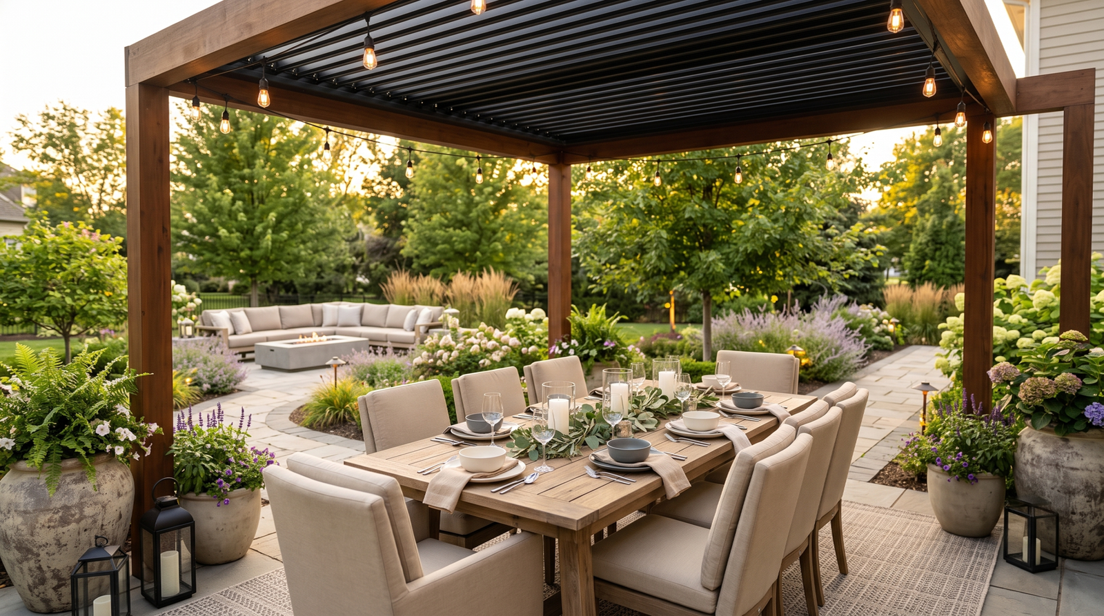 Elegant outdoor dining area beneath a modern pergola featuring a beautifully set dining table, comfortable cushioned chairs, and landscaped backyard.