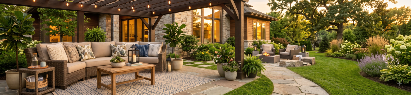Beautifully styled outdoor patio featuring decorative cushions, lanterns, planters, outdoor rug, and premium outdoor accessories.