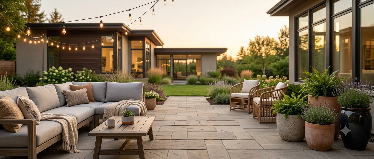 Beautiful outdoor living space with a modern patio, comfortable seating, landscaping, and warm evening lighting representing EverPlay Outdoors customer support.
