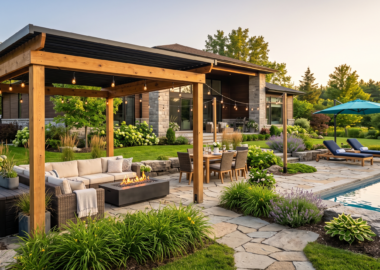 Luxury backyard featuring a pergola, outdoor sectional, fire pit, dining area, and beautifully landscaped patio.