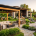 Luxury backyard featuring a pergola, outdoor sectional, fire pit, dining area, and beautifully landscaped patio.