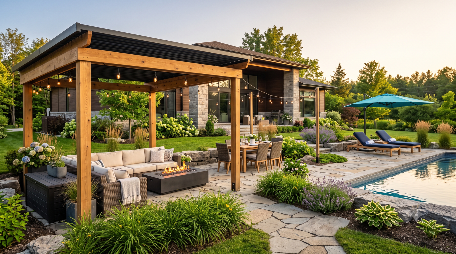 Luxury backyard featuring a pergola, outdoor sectional, fire pit, dining area, and beautifully landscaped patio.