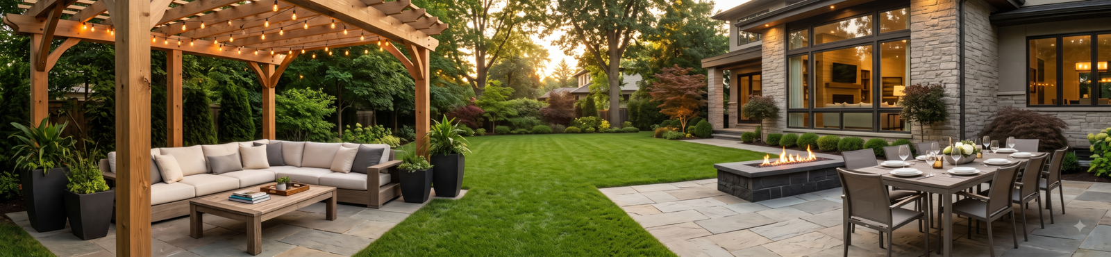 Luxury backyard featuring a cedar pergola, outdoor sectional seating, fire pit, dining set, and landscaped lawn at sunset.