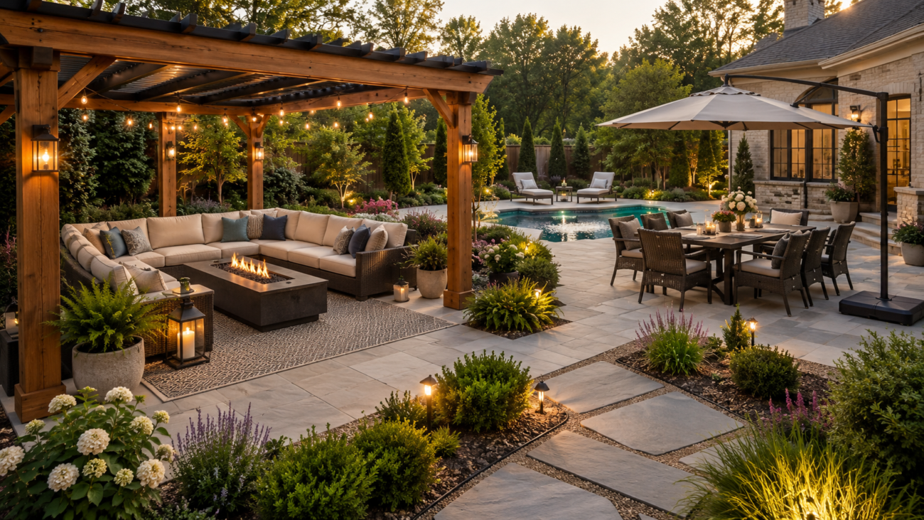 Beautiful backyard featuring a pergola seating area, outdoor dining set, poolside lounge chairs, and thoughtfully designed patio furniture layout.