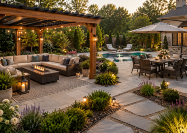Beautiful backyard featuring a pergola seating area, outdoor dining set, poolside lounge chairs, and thoughtfully designed patio furniture layout.