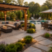 Beautiful backyard featuring a pergola seating area, outdoor dining set, poolside lounge chairs, and thoughtfully designed patio furniture layout.
