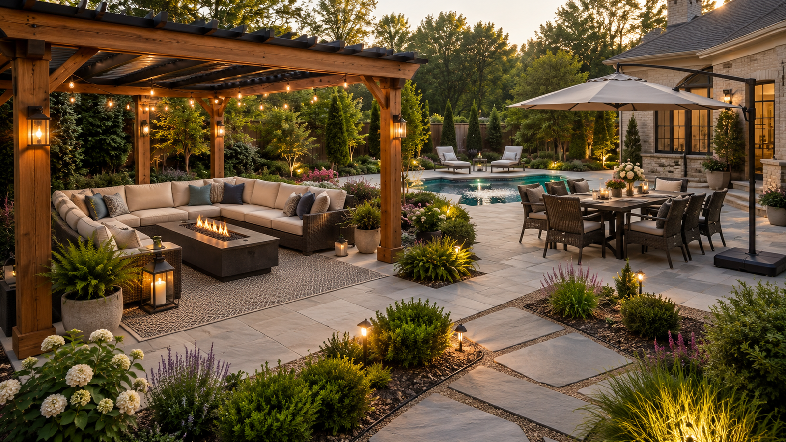 Beautiful backyard featuring a pergola seating area, outdoor dining set, poolside lounge chairs, and thoughtfully designed patio furniture layout.