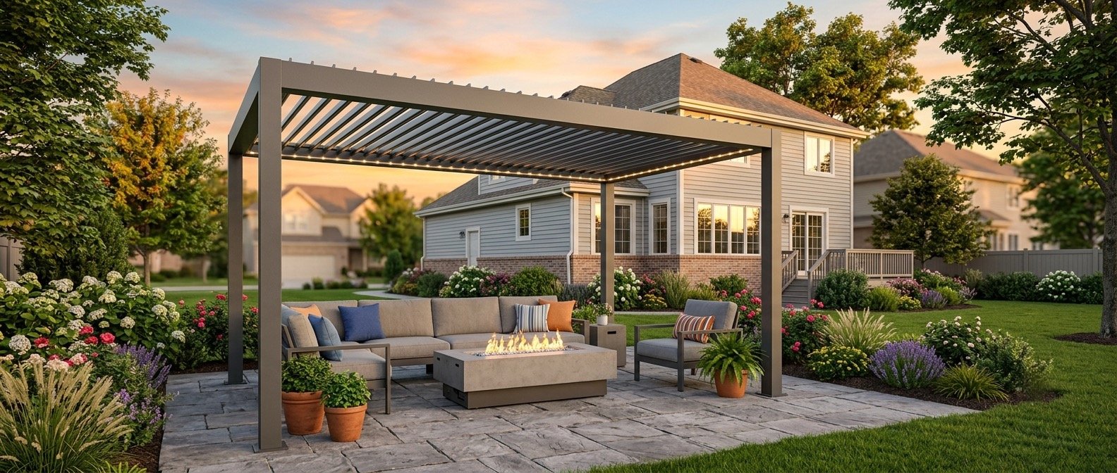 Modern aluminum pergola with outdoor seating and fire table in a landscaped suburban backyard at sunset.