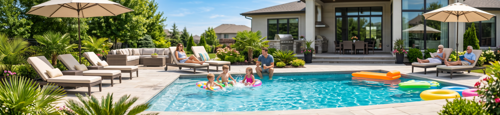 Luxury backyard swimming pool with lounge chairs, umbrellas, landscaped patio, and family enjoying a sunny summer day.