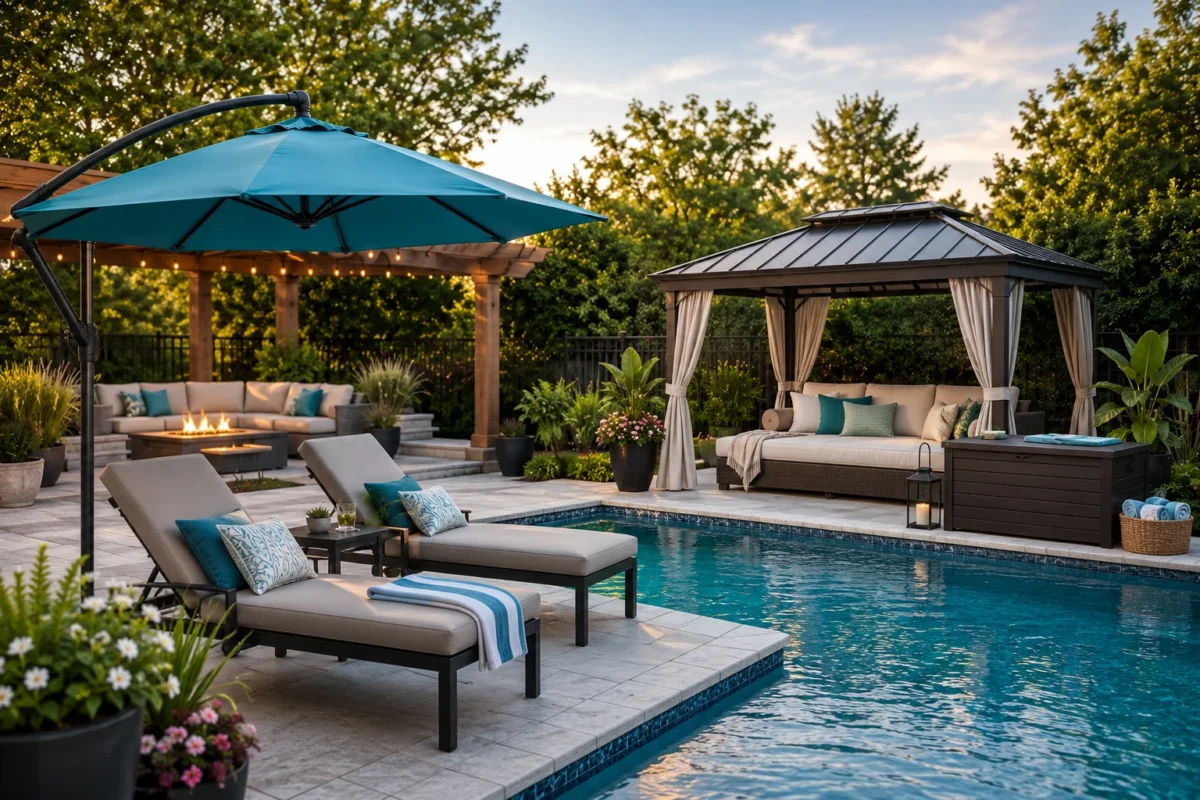 Luxury backyard pool with chaise lounges, a cantilever umbrella, pergola, gazebo, and comfortable outdoor seating.