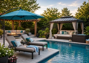 Luxury backyard pool with chaise lounges, a cantilever umbrella, pergola, gazebo, and comfortable outdoor seating.