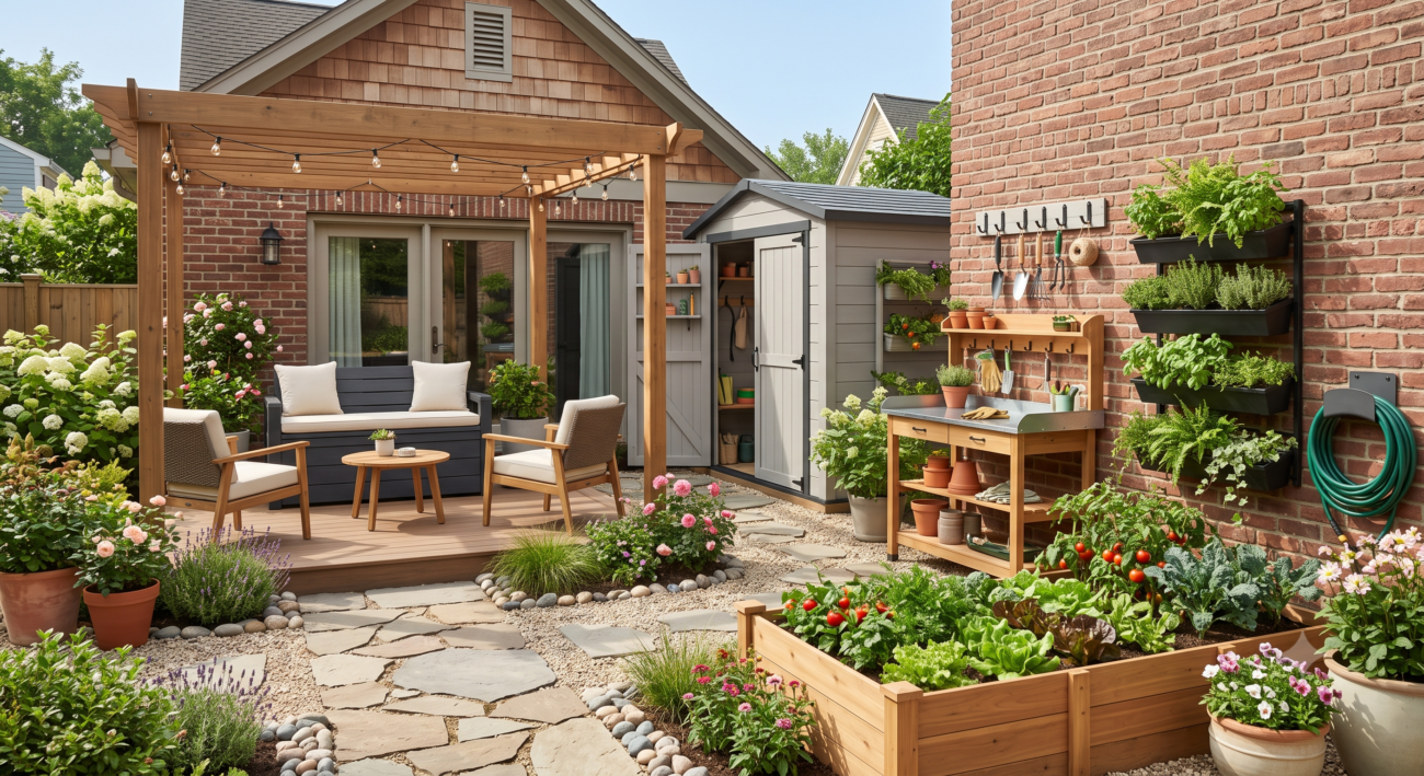 Beautiful small backyard featuring a pergola, compact storage shed, potting bench, raised garden beds, and organized outdoor living space.
