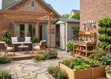 Beautiful small backyard featuring a pergola, compact storage shed, potting bench, raised garden beds, and organized outdoor living space.