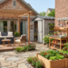 Beautiful small backyard featuring a pergola, compact storage shed, potting bench, raised garden beds, and organized outdoor living space.