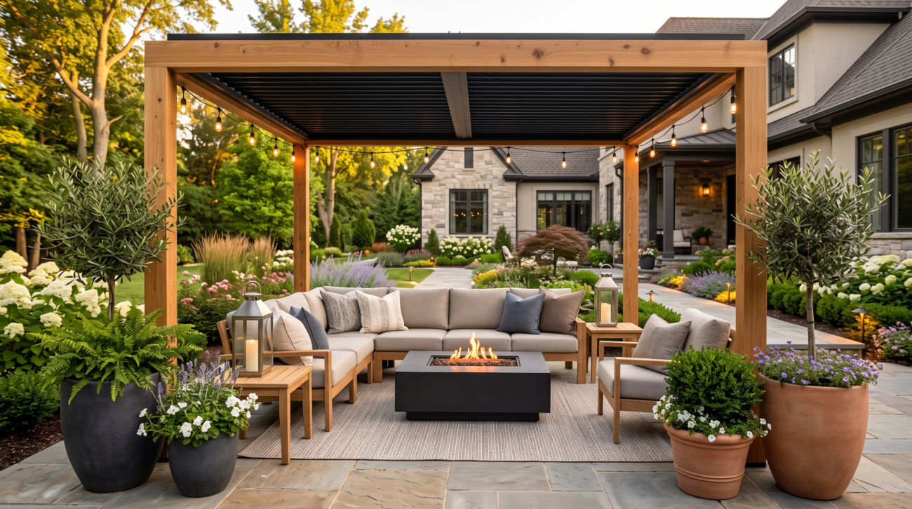 Elegant backyard patio featuring a pergola, coordinated outdoor seating, decorative planters, lanterns, and a modern fire pit in a timeless outdoor living space.