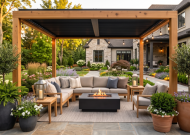 Elegant backyard patio featuring a pergola, coordinated outdoor seating, decorative planters, lanterns, and a modern fire pit in a timeless outdoor living space.