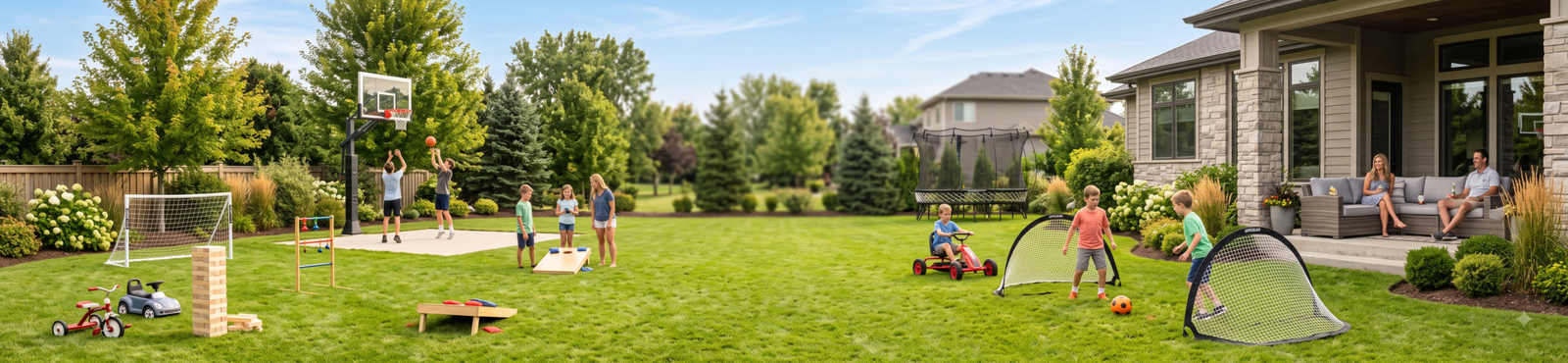 Children and teenagers enjoying outdoor games, sports equipment, ride-on toys, and backyard activities in a landscaped suburban backyard.
