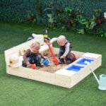 Kids Wooden Sandbox w/ Two Plastic Boxes Foldable Bench Seat Waterproof Cover Bottom Liner Storage Space - Image 11