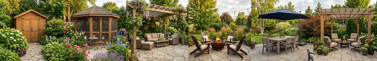 Featured sheds, gazebos, pergolas, fire pits and patio furniture in landscaped backyards