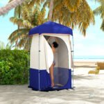 Camping Shower Tent, Portable Privacy Shelter with Solar Shower Bag, Removable Floor and Carrying Bag, Blue - Image 2
