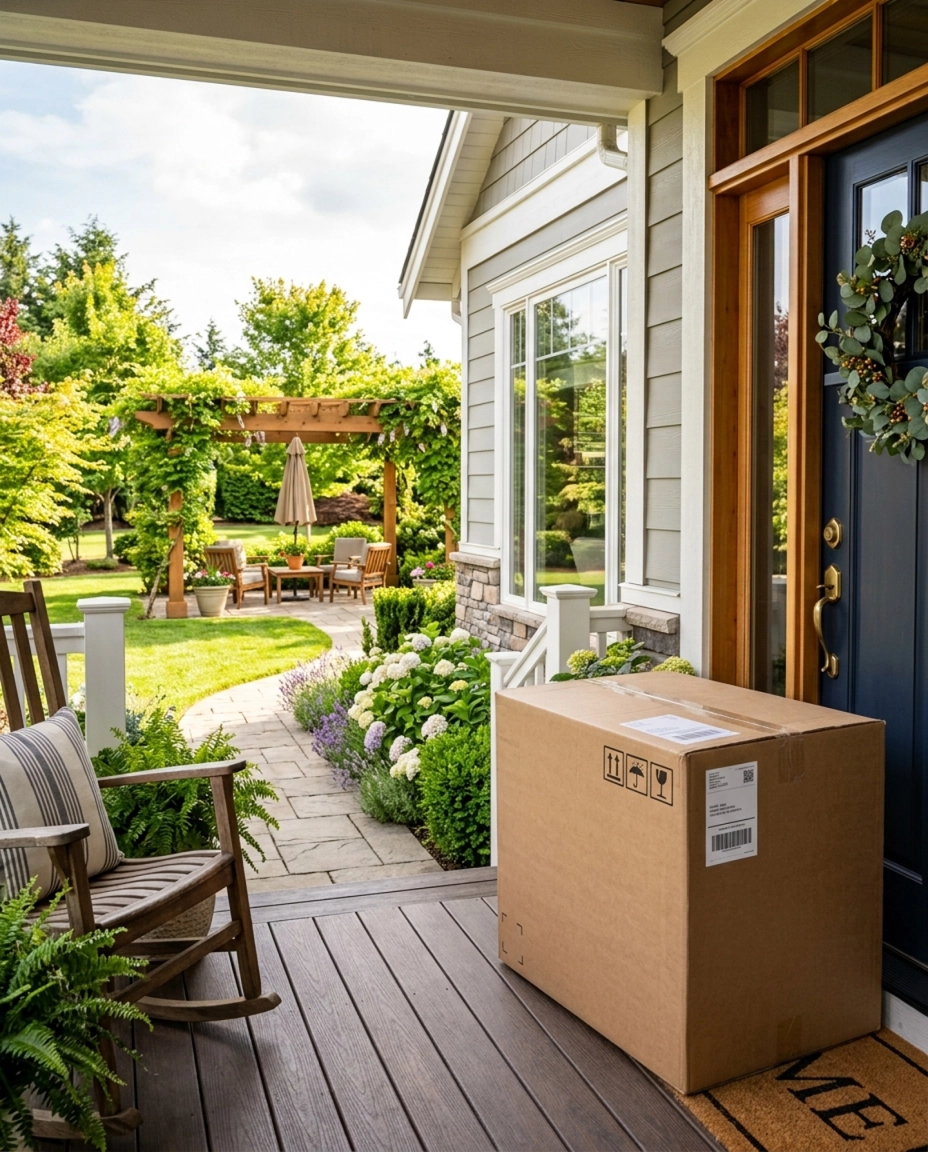 Large shipping box delivered to the front porch of a modern suburban home with a landscaped backyard and pergola.