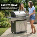 6 Burner Propane Gas Grill with Side Burner, Barbecue Grill with Cast Iron Grates, Wheels, Side Tables, Cabinet - Image 8