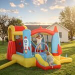 Kids Bounce House, 4-in-1 Rocket Inflatable Water Slide Jumping Castle with 2 Slides, Climbing Wall, Trampoline, & Water Pool Area, Air Blower - Image 12