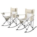 Folding Rocking Camping Chairs with Headrests, Cooler Bags and Cup Holders, 2-Pack, Cream White