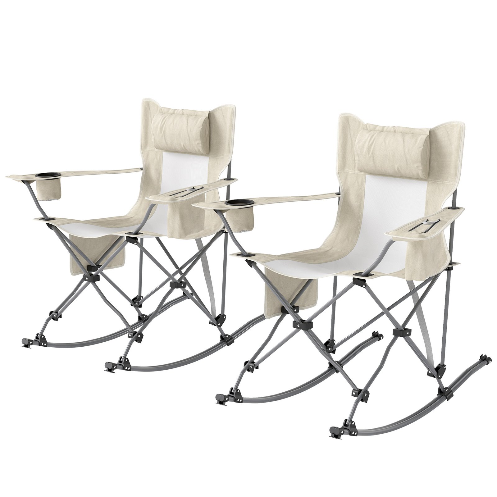 upz6dd194dedb00b8.jpg Folding Rocking Camping Chairs with Headrests, Cooler Bags and Cup Holders, 2-Pack, Cream White - Image 1
