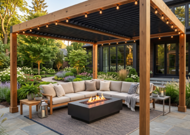 Modern outdoor living room featuring a pergola, sectional sofa, fire pit, and comfortable patio seating.