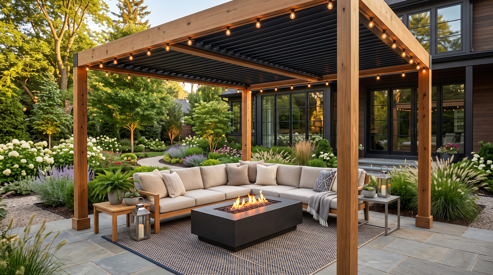 Modern outdoor living room featuring a pergola, sectional sofa, fire pit, and comfortable patio seating.